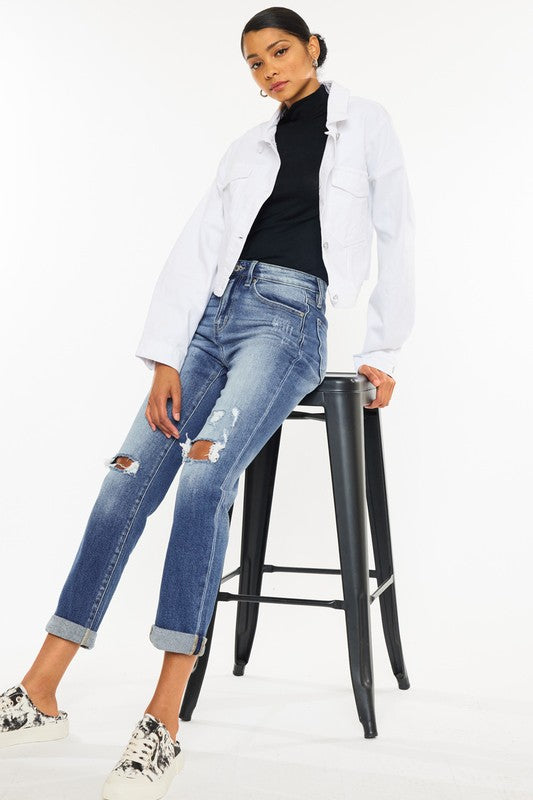 High Rise Hem Detail Slim Straight Jeans - KanCan