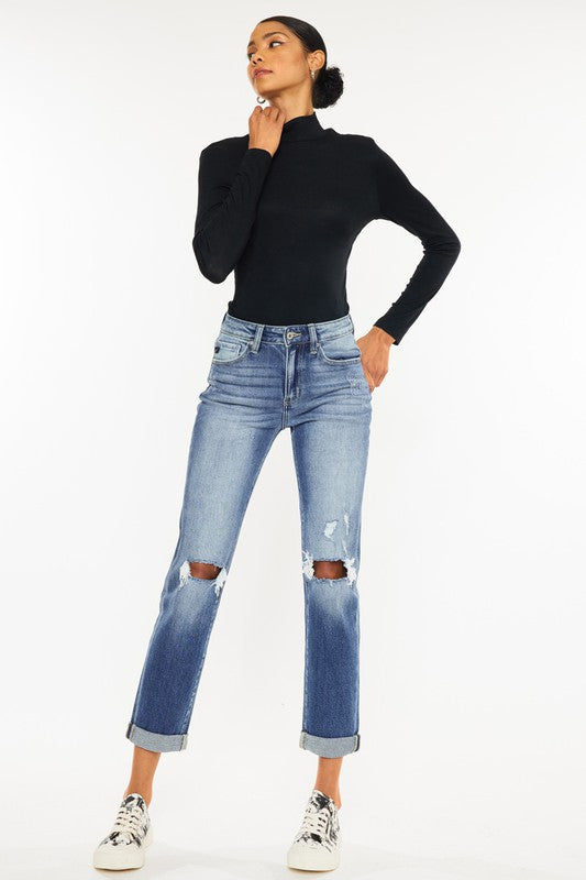 High Rise Hem Detail Slim Straight Jeans - KanCan