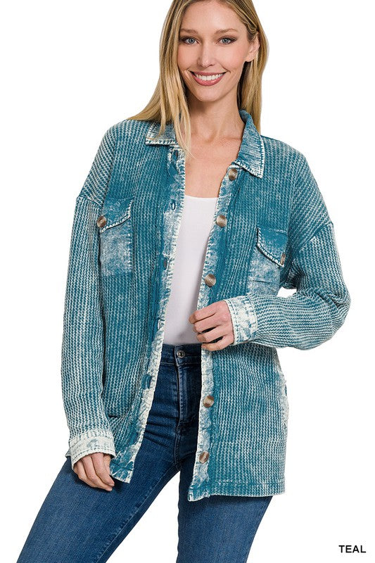 Cotton Waffle Acid Wash Shacket - Zenana