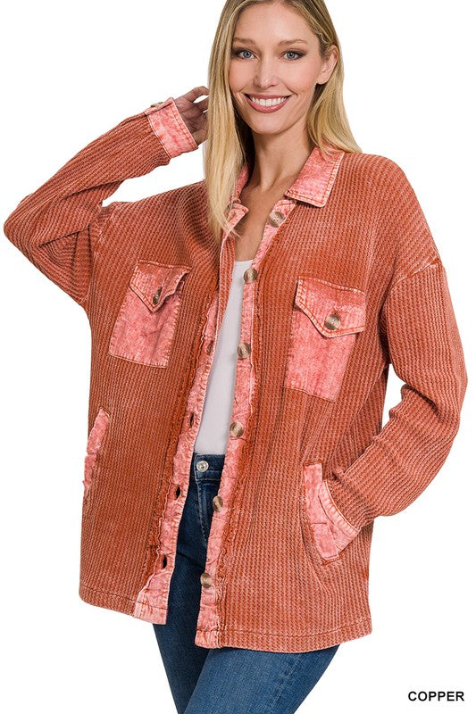 Cotton Waffle Acid Wash Shacket - Zenana