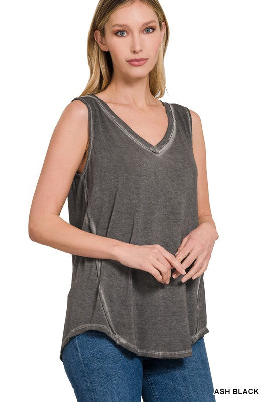 Washed Sleeveless V-Neck Top with Hi-Low Hem - Zenana