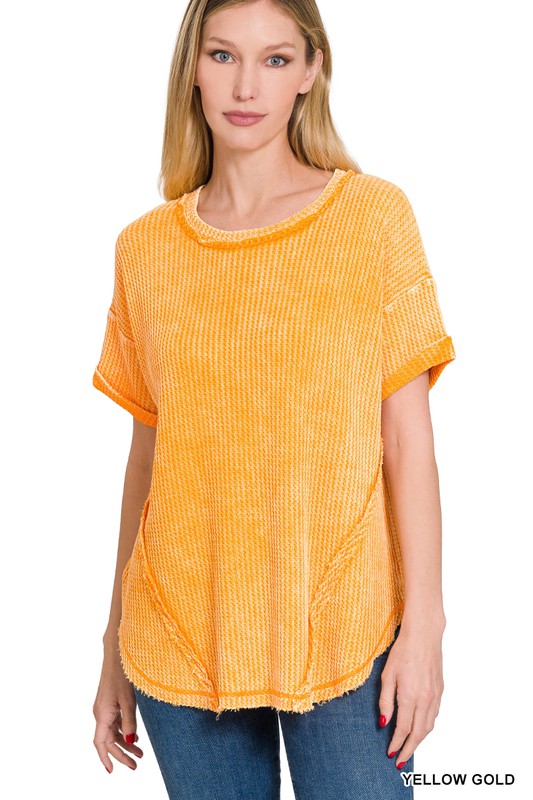 Washed Waffle Rolled Up Short Sleeve Top - Zenana