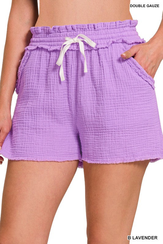 Double Elastic Band Drawstring Waist Shorts - Zenana