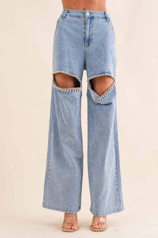 Washed Denim Cut Front Rhinestone Jeans - Blue B