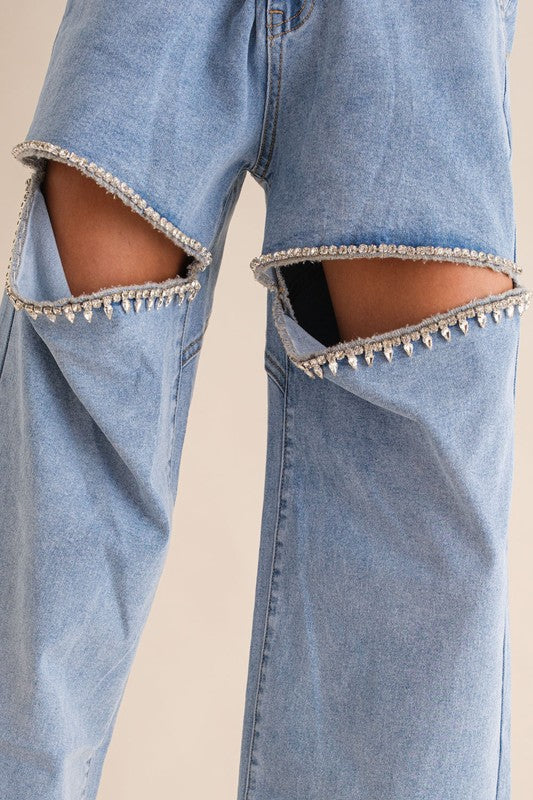 Washed Denim Cut Front Rhinestone Jeans - Blue B