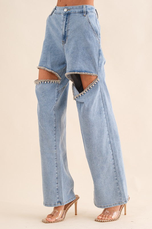 Washed Denim Cut Front Rhinestone Jeans - Blue B