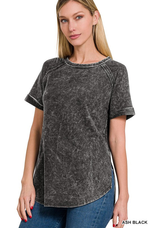 F/Terry Acid Wash Short Cuff Sleeve Pullover - Zenana