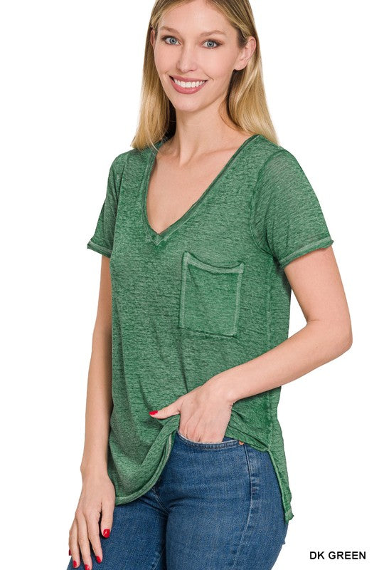 Washed Melange Burnout Scoop V-Neck Top - Zenana