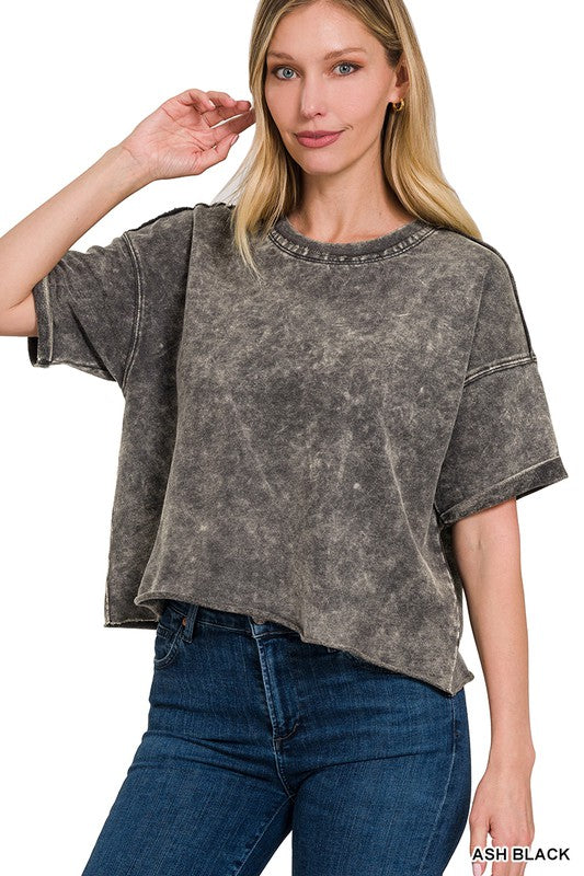 French Terry Acid Wash Raw Edge Crop Top - Zenana