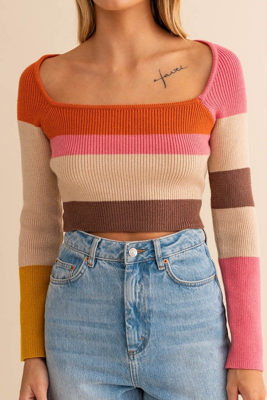 Long Sleeve Color Block Stripe Knit Top - Le Lis