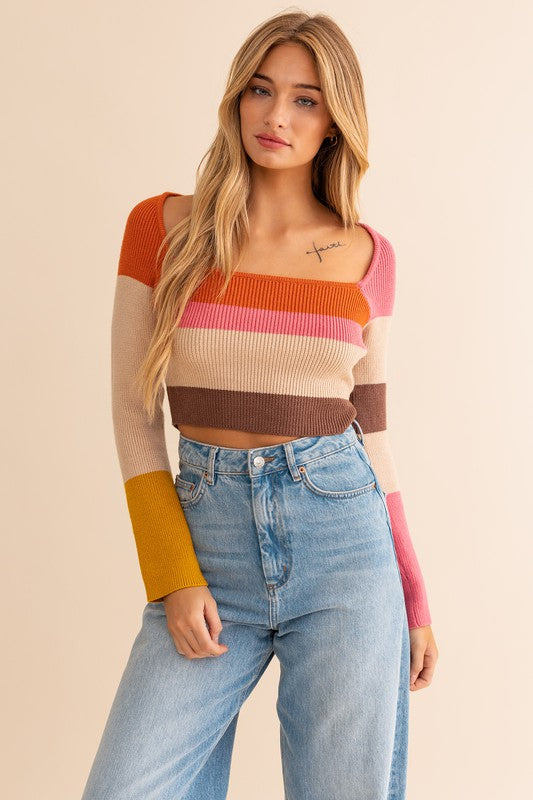 Long Sleeve Color Block Stripe Knit Top - Le Lis