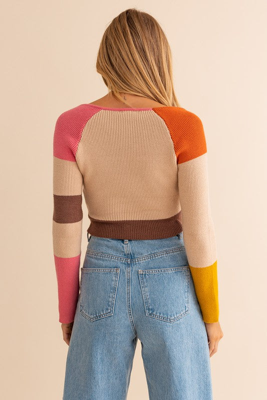 Long Sleeve Color Block Stripe Knit Top - Le Lis