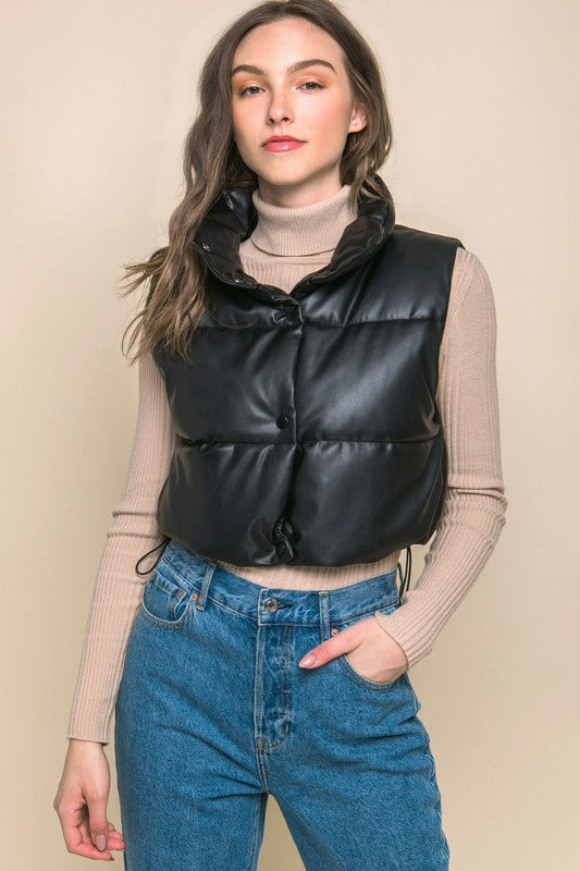 PU Faux Leather Puffer Vest With Snap Buttons