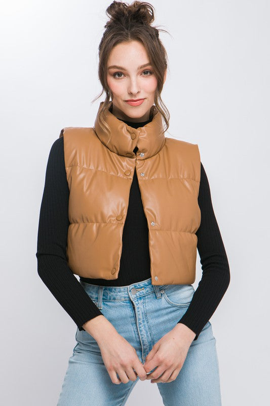 PU Faux Leather Puffer Vest With Snap Buttons