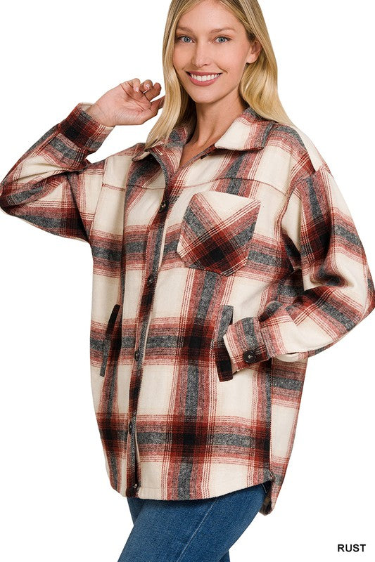 Oversized Yarn Dyed Plaid Longline Shacket - Zenana