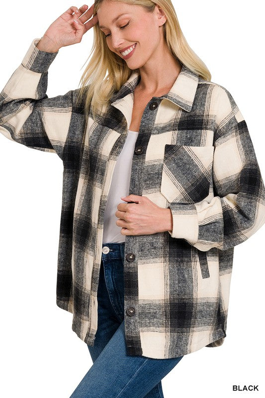 Oversized Yarn Dyed Plaid Longline Shacket - Zenana