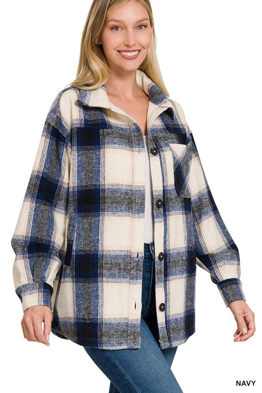 Oversized Yarn Dyed Plaid Longline Shacket - Zenana