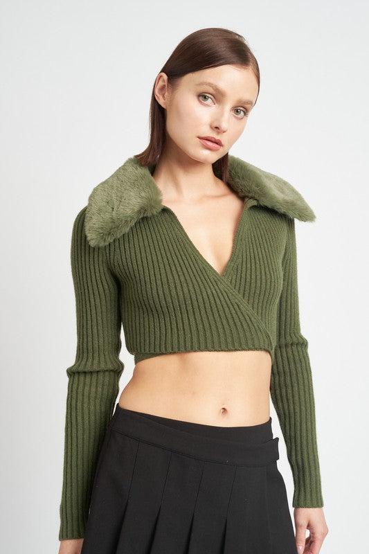 V-Neck Cardigan With Fur Collar - Emory Park