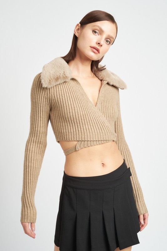 V-Neck Cardigan With Fur Collar - Emory Park