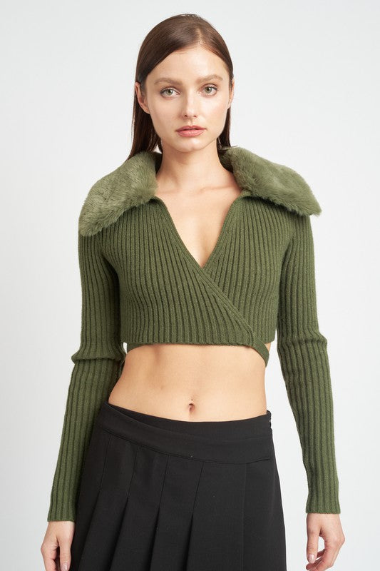 V-Neck Cardigan With Fur Collar - Emory Park