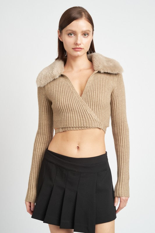 V-Neck Cardigan With Fur Collar - Emory Park