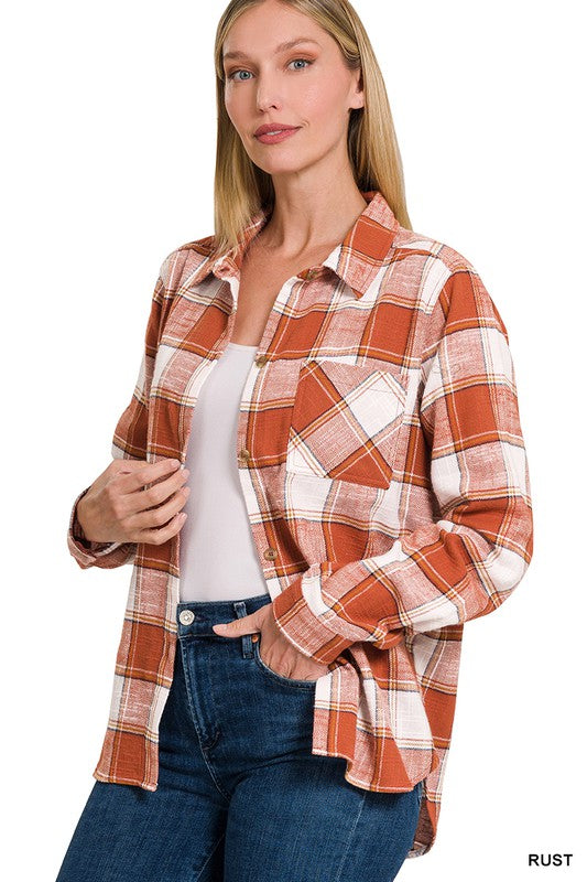 Cotton Plaid Shacket With Front Pocket - Zenana