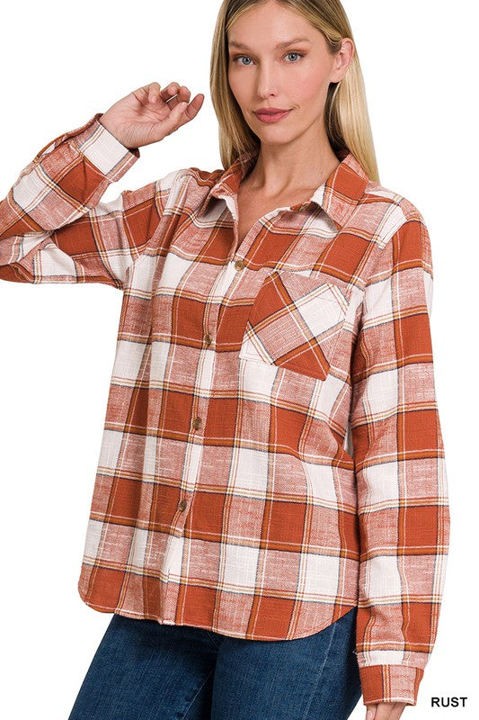 Cotton Plaid Shacket With Front Pocket - Zenana