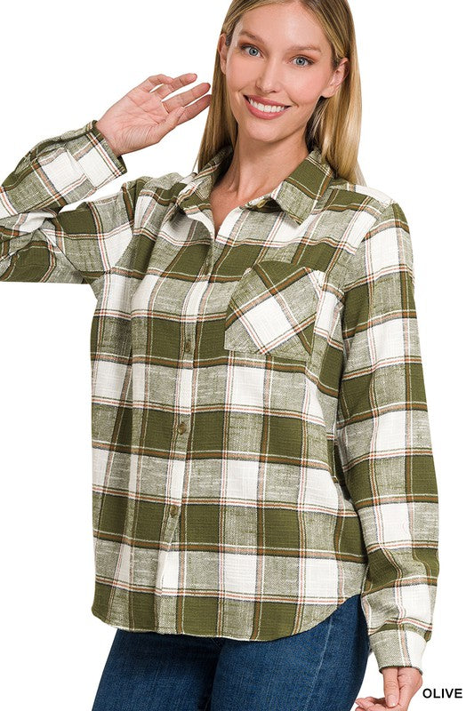 Cotton Plaid Shacket With Front Pocket - Zenana