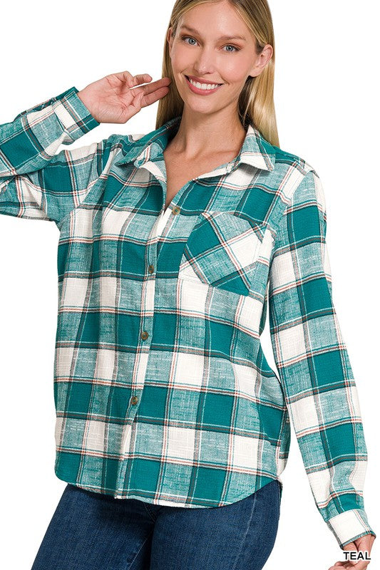 Cotton Plaid Shacket With Front Pocket - Zenana