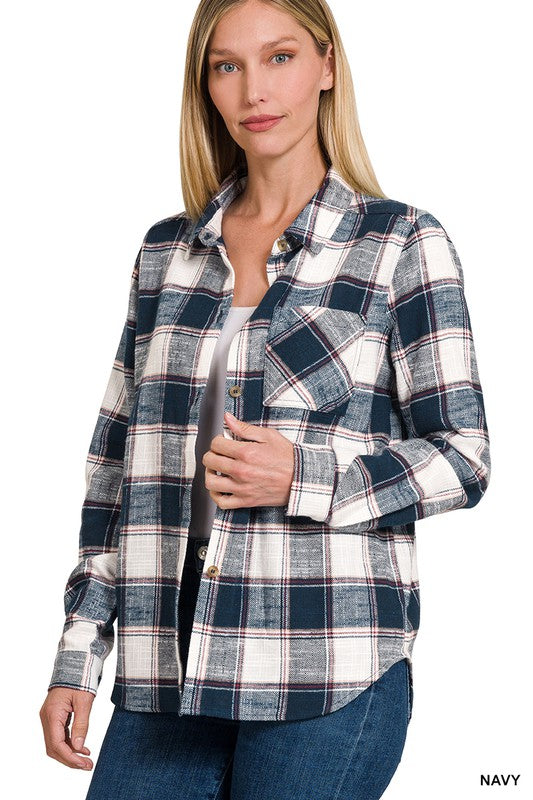 Cotton Plaid Shacket With Front Pocket - Zenana