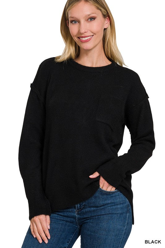 Melange Hi-Low hem Round Neck Sweater - Zenana