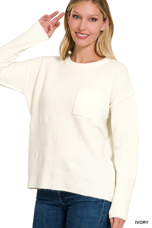 Melange Hi-Low hem Round Neck Sweater - Zenana