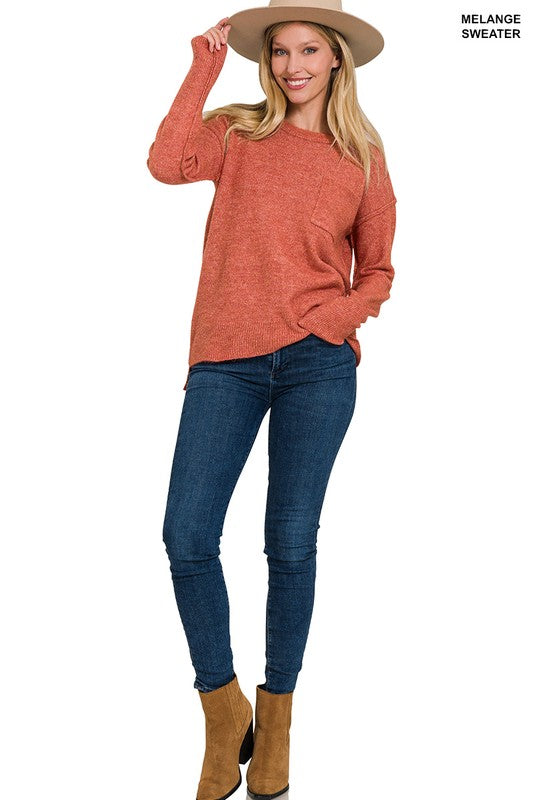 Melange Hi-Low hem Round Neck Sweater - Zenana