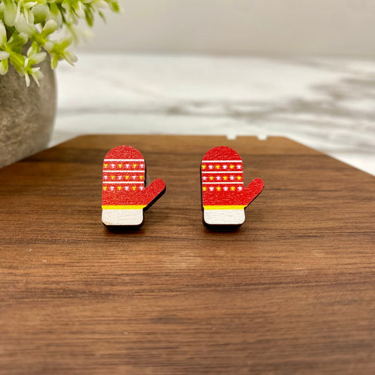 Wooden Stud Earrings - Christmas - Winter Gloves 