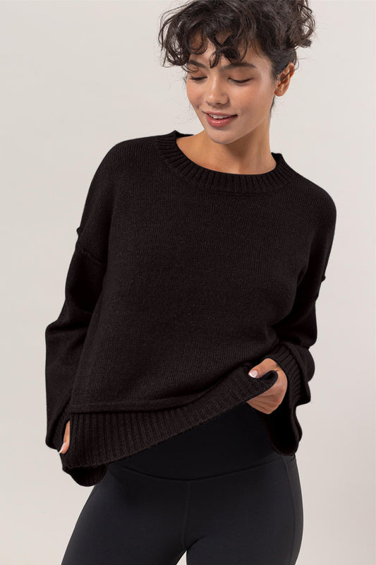 HYFVE Round Neck Dropped Shoulder Ribbed Sweater - Black