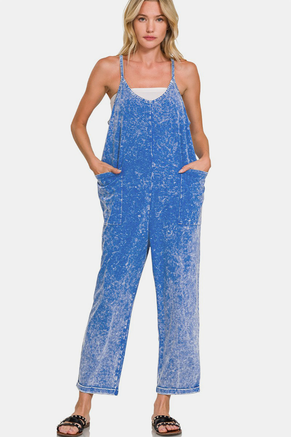 Zenana Washed Spaghetti Straps Overalls with Pockets - Blue