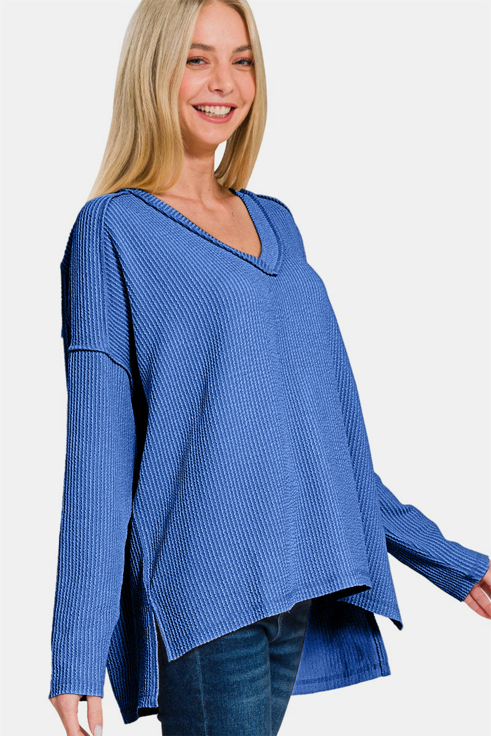 Zenana Texture Exposed Seam V-Neck Long Sleeve T-Shirt - Blue