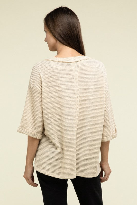 Brushed Waffle Exposed-Seam 3/4 Sleeve Top - Zenana