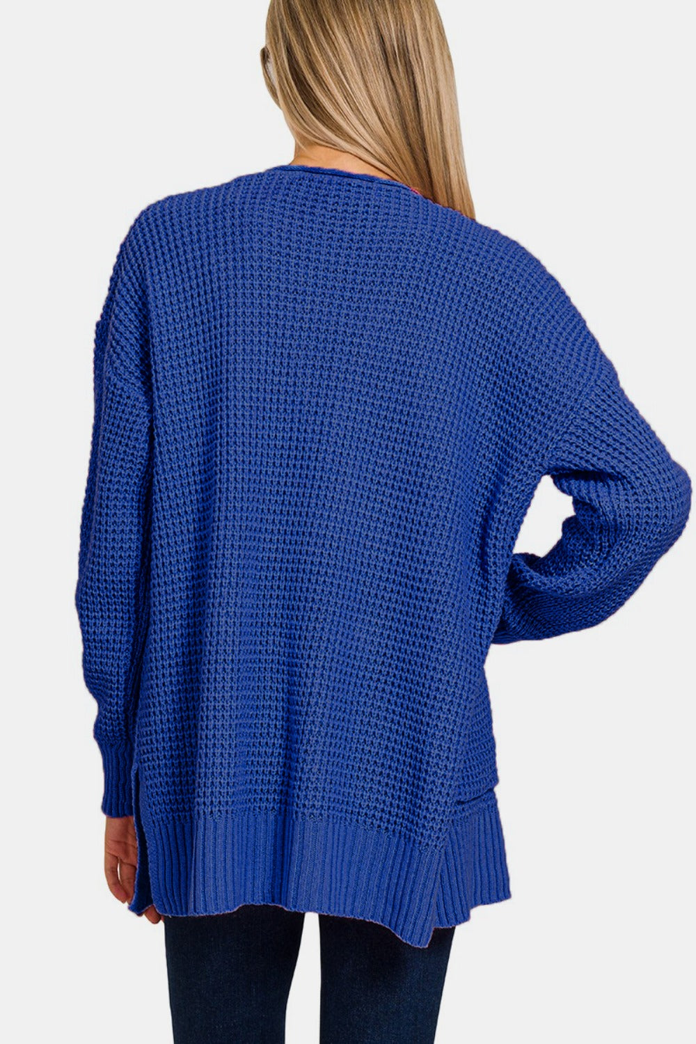 Zenana Waffle Open Front Sweater Cardigan - Light Navy