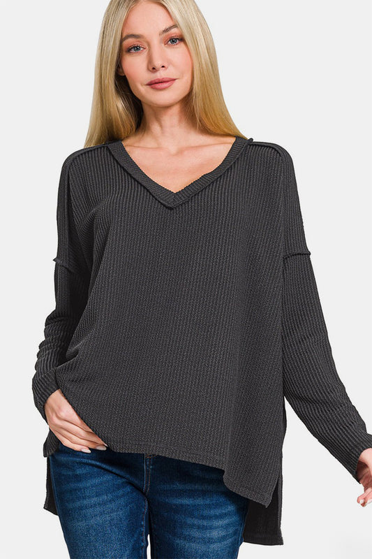 Zenana Texture Exposed Seam V-Neck Long Sleeve T-Shirt - Black