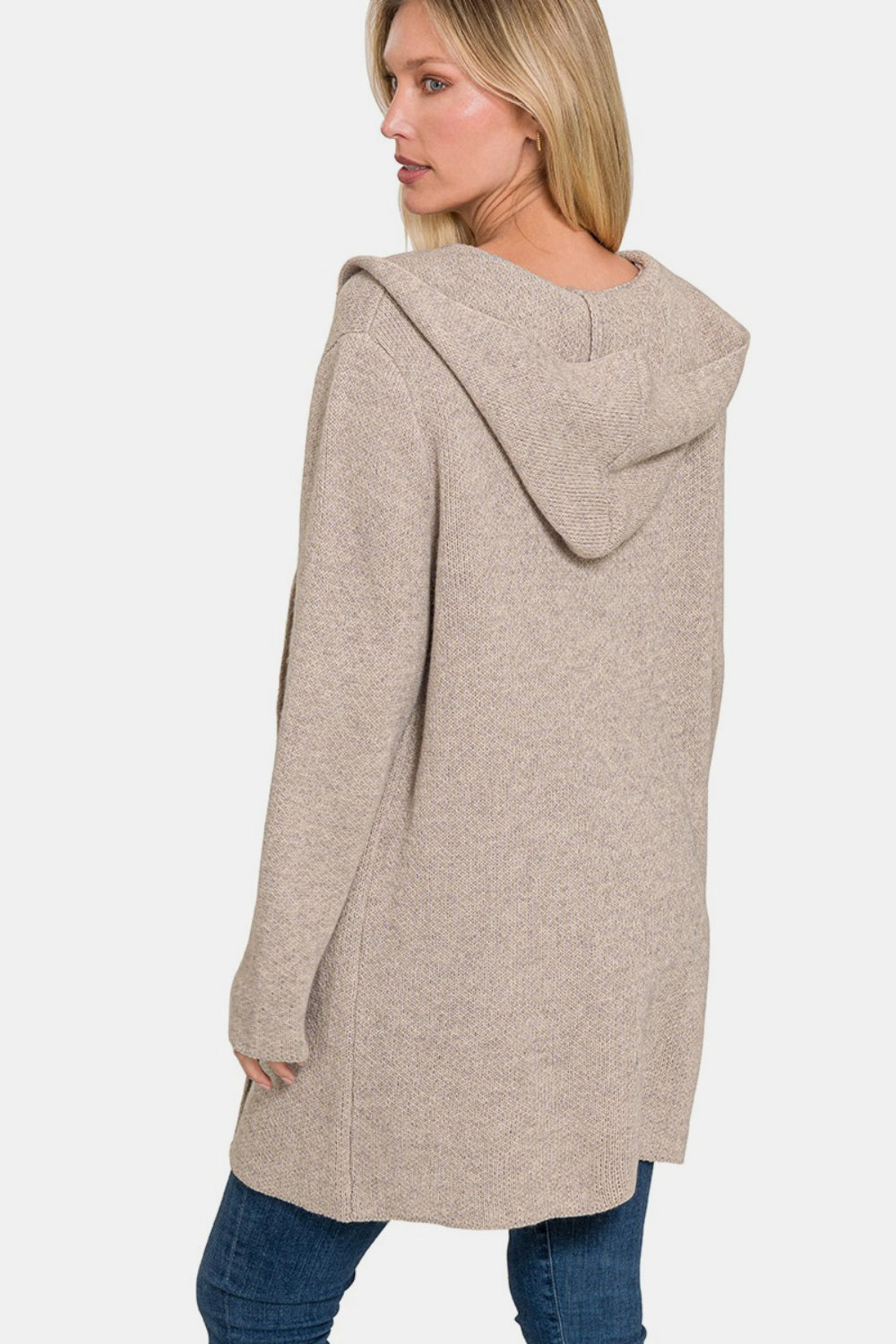 Zenana Hooded Open Front Sweater Cardigan - Mocha