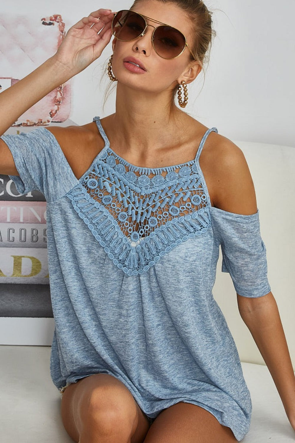 BiBi Front Crochet Lace Adjustable Strap Top - Vintage Denim