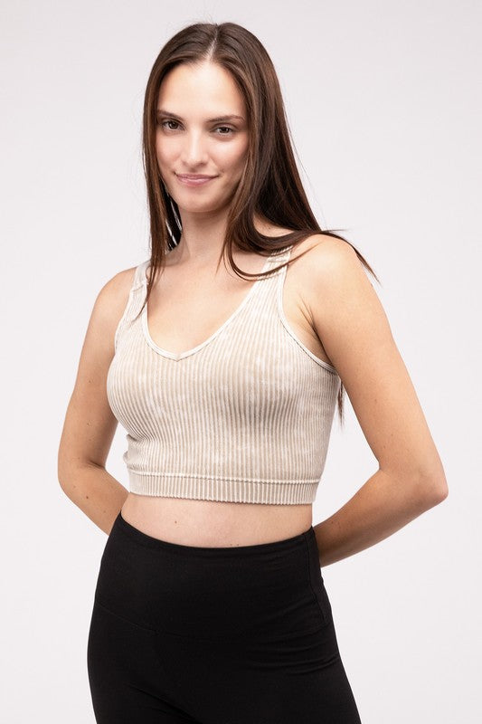 Washed Ribbed Cropped V-Neck Tank Top - Zenana