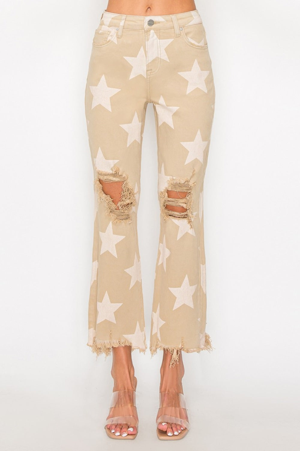 RISEN Full Size High Rise Star Printed Frayed Hem Jeans - Khaki