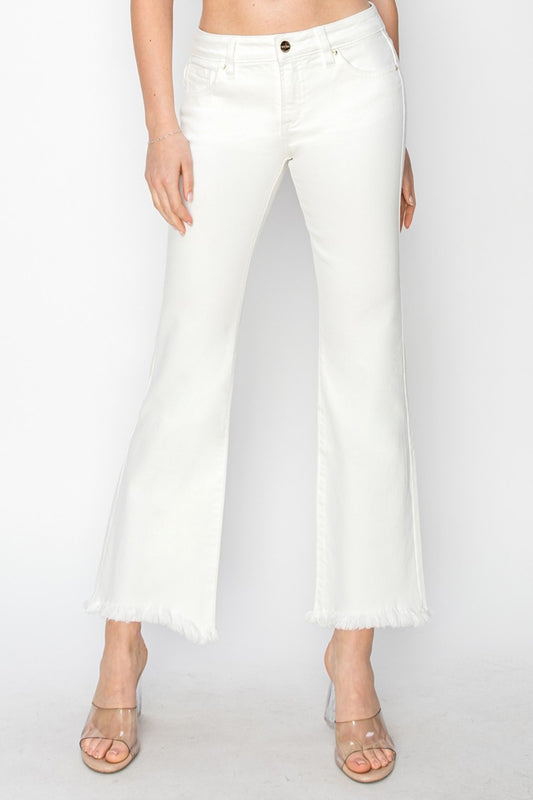 RISEN Full Size Tummy Control Crop Flare Step Hem Pants - White