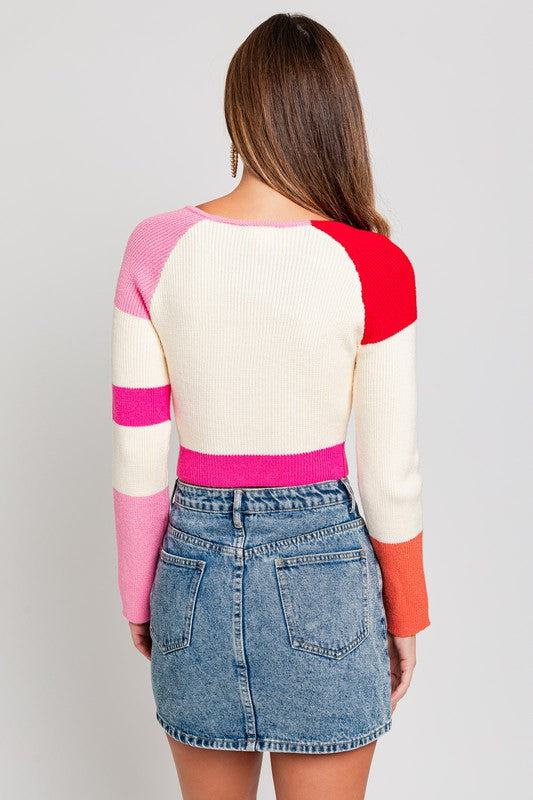 Long Sleeve Color Block Stripe Knit Top - LE LIS