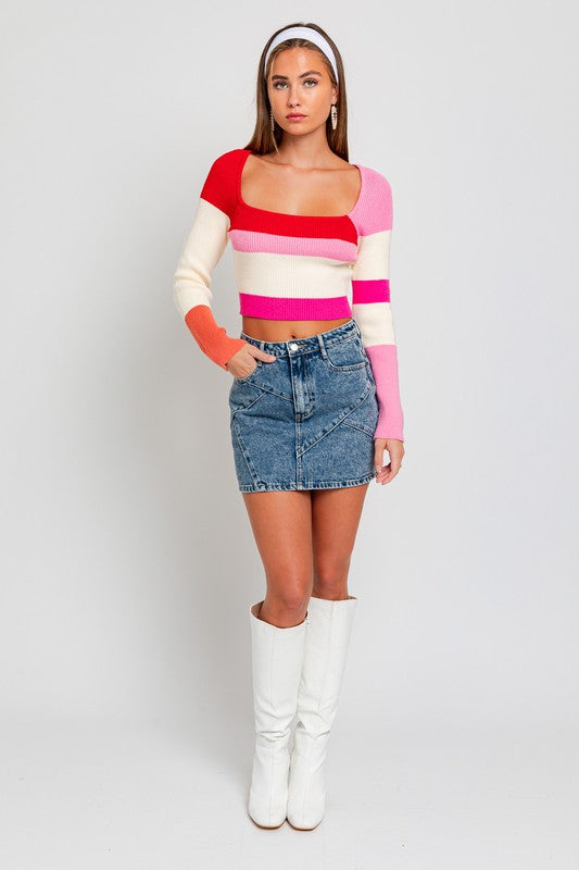 Long Sleeve Color Block Stripe Knit Top - LE LIS