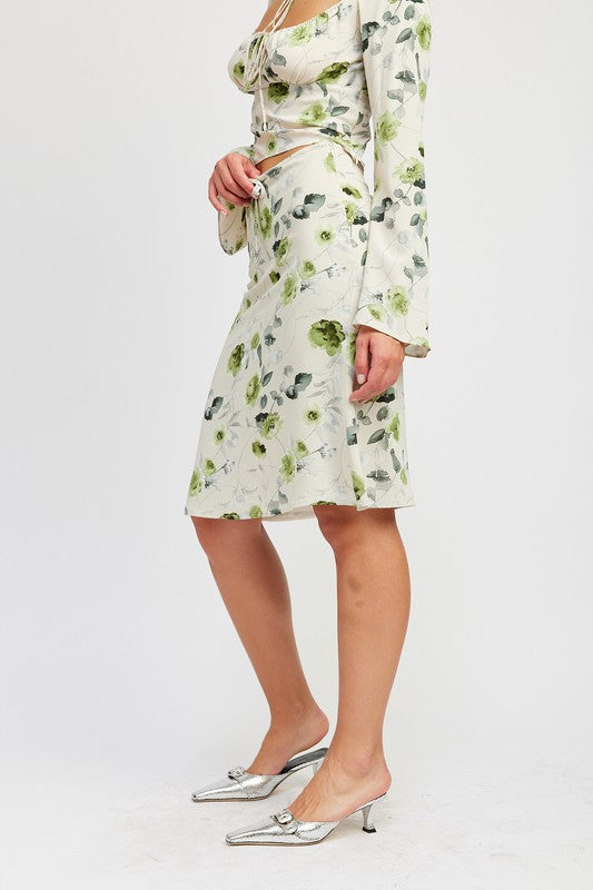 Floral Midi Skirt With Front Drawstring - Emory Park