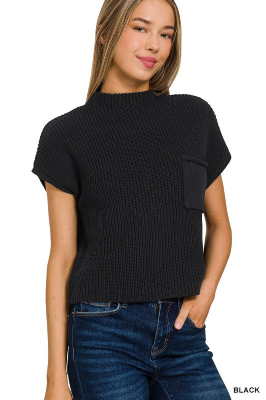 Mock Neck Short Sleeve Cropped Sweater - Zenana