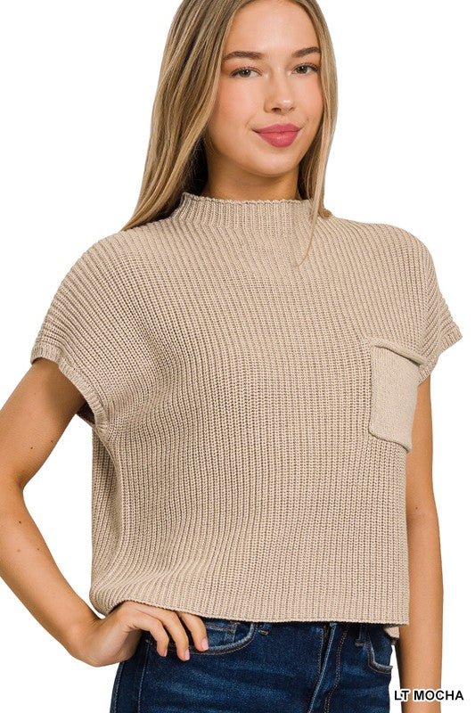 Mock Neck Short Sleeve Cropped Sweater - Zenana